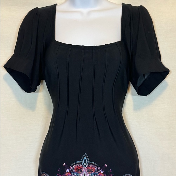 F-104 Ice Black & Colorful Print Pleated Short Sleeve MIDI Dress Size 10 - Picture 3 of 12